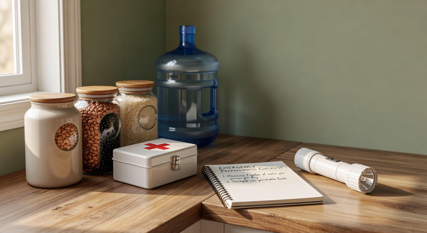 A sunlit kitchen counter with mason jars, a flashlight, and a handwritten list