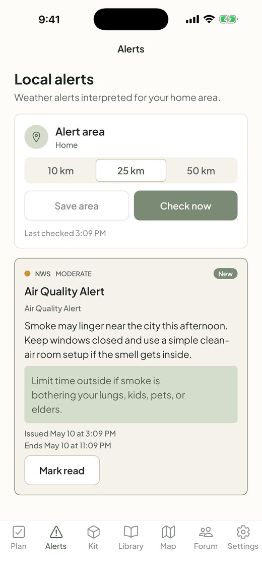 Readyish Alerts tab showing local emergency alerts for a saved home area