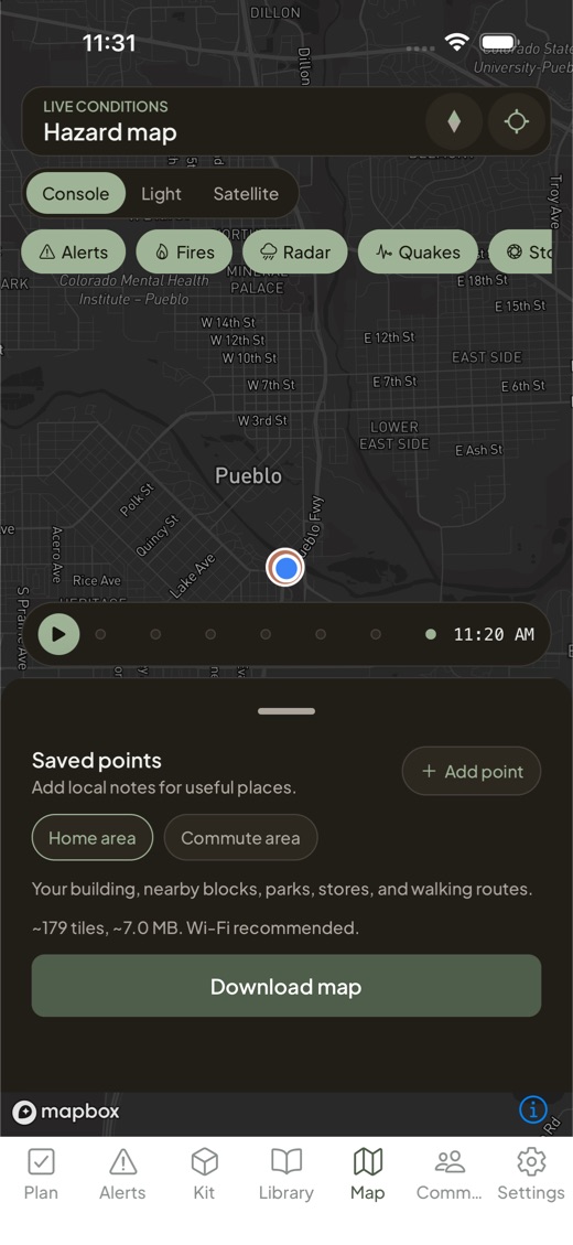 Readyish Map tab: dark hazard console with wildfire, radar, quake, and storm layers