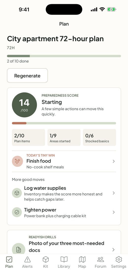 Readyish Plan tab showing the Preparedness Score and 72-hour checklist